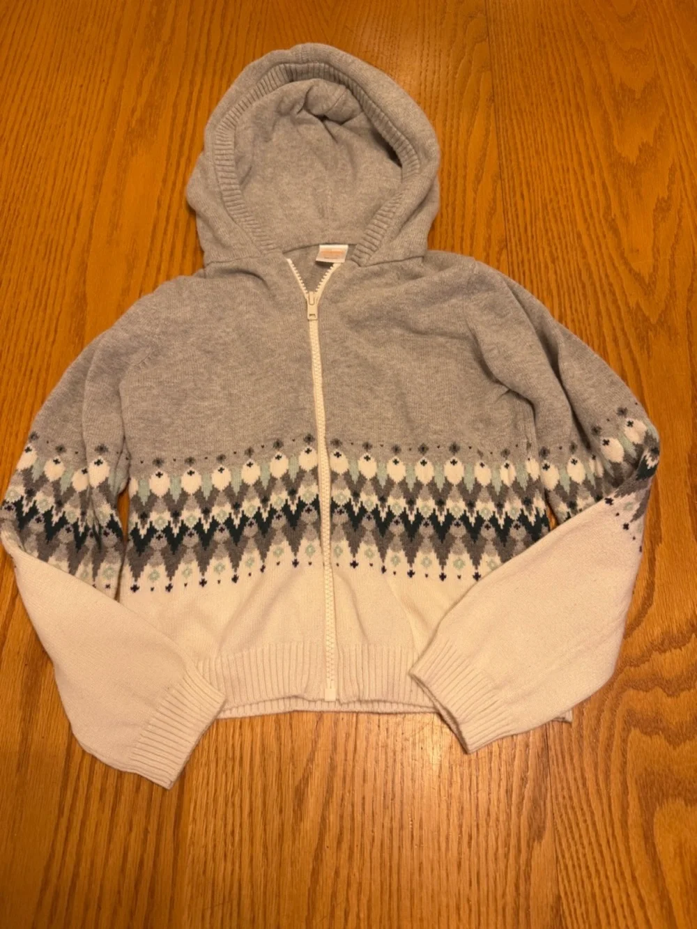 Gymboree Gray and White Hooded Zip Cardigan with Fair Isle Size 7/8